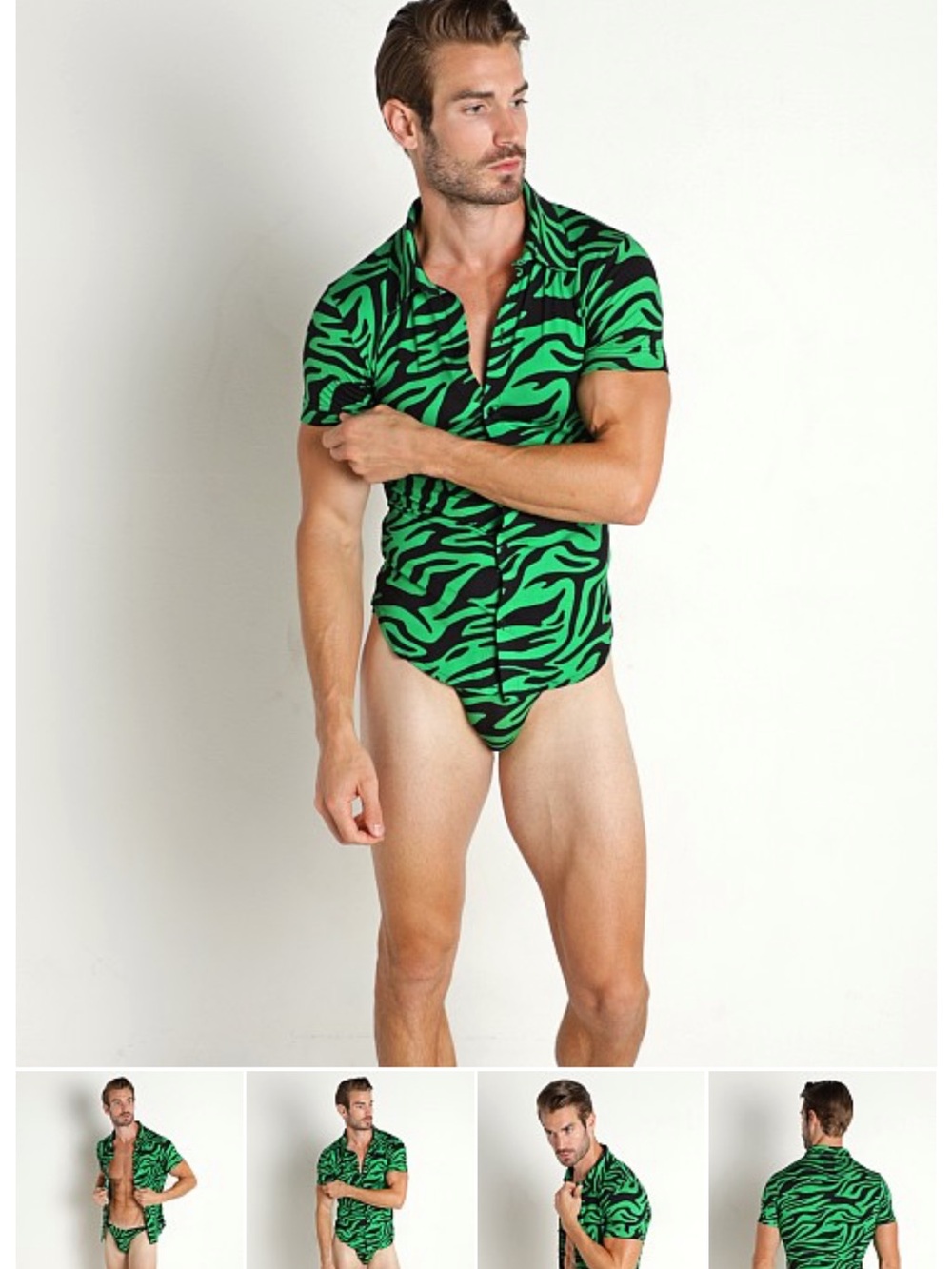 Men's Green Zebra-Print Swim Trunks and Short Sleeve Zip Swim Top